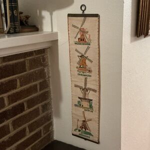 Vintage Bellpull Tapestry Wall Hanging with Dutch Windmills